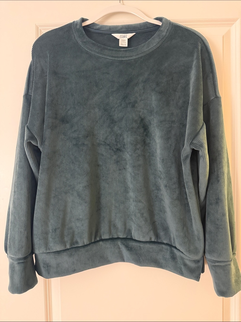 Athleta Girl Cozy Corduroy Sweatshirt in Dusty Teal size 16, XXL